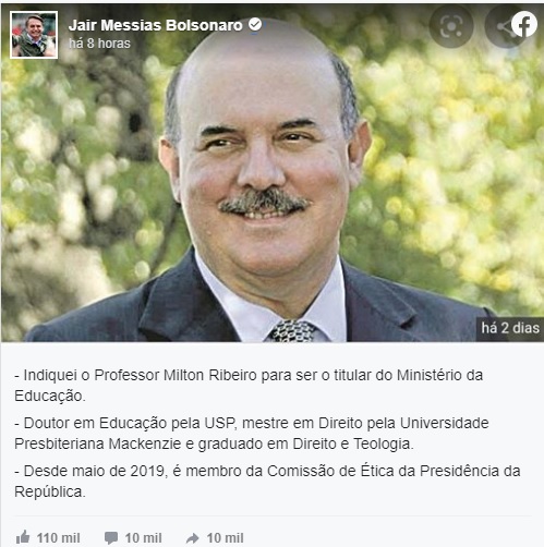 Bolsonaro anuncia Milton Ribeiro como novo ministro da Educação Bolsonaro anuncia Milton Ribeiro como novo ministro da Educação