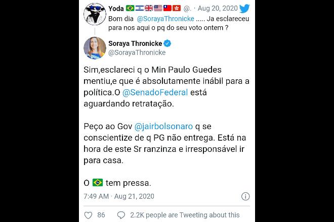 "Ranzinza e Irresponsável": Soraya Thronicke pede pela demissão de Paulo Guedes