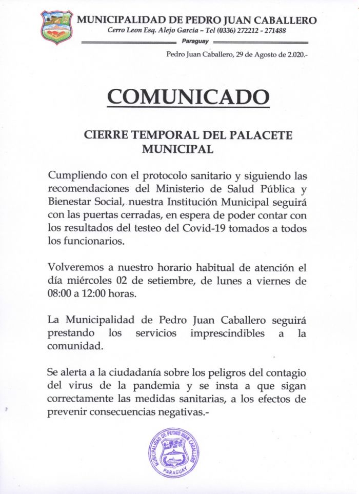 Pedro Juan: Municipalidad reanuda atención a partir del miércoles Pedro Juan: Municipalidad reanuda atención a partir del miércoles