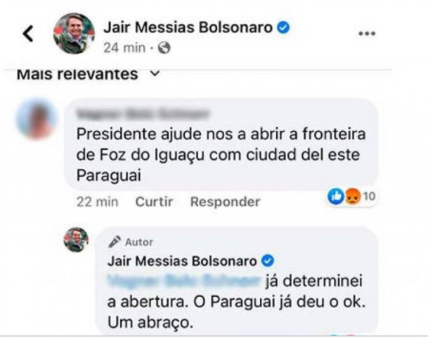 Jair Bolsonaro confirma reapertura de frontera con Paraguay