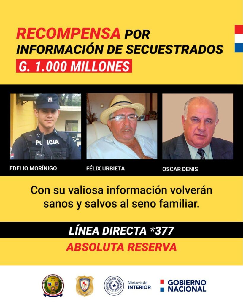 Ofrecen recompensa de G. 1000 millones sobre información de secuestrados Ofrecen recompensa de G. 1000 millones sobre información de secuestrados