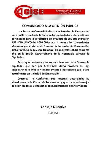 Exigen aprobación de proyecto que establece subsidio para comerciantes de Encarnación Exigen aprobación de proyecto que establece subsidio para comerciantes de Encarnación