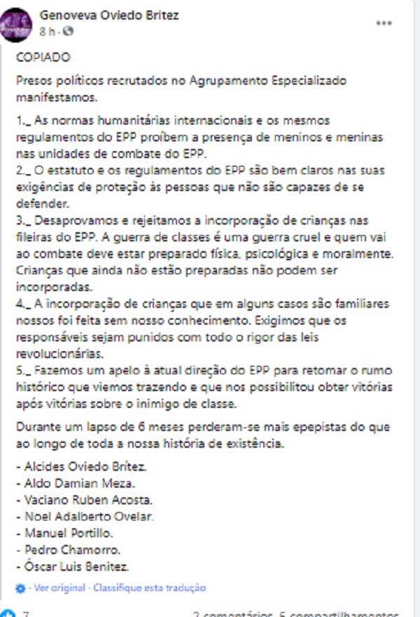 Presos del EPP rechazan la incorporación de niños en sus filas