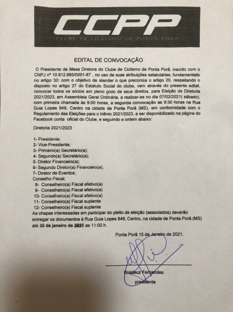 Edital de Convocação: Clube de Ciclismo de Ponta Porã Edital de Convocação: Clube de Ciclismo de Ponta Porã