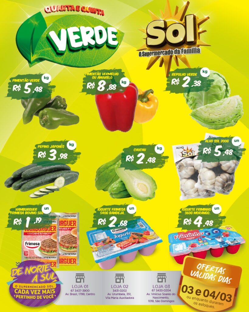 Fique por dentro das ofertas da quarta e quinta verde do Supermercado Sol
