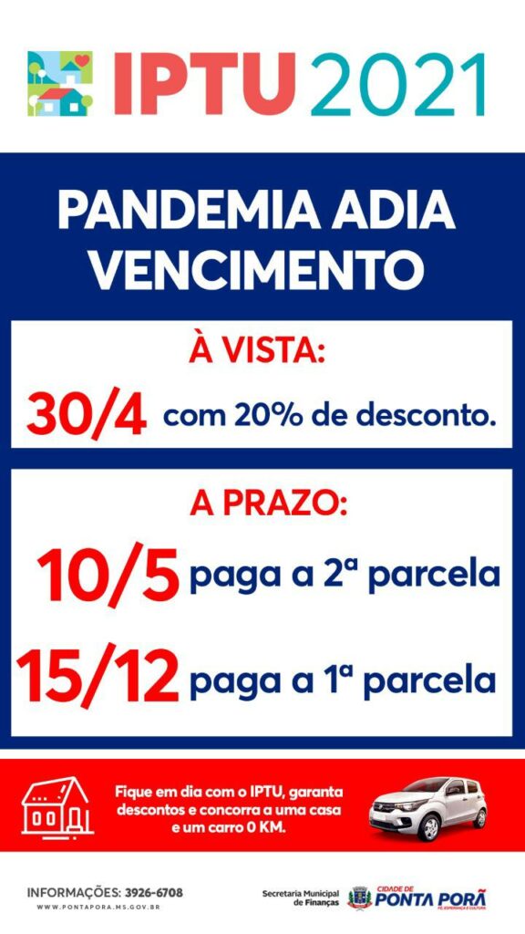 Com agravamento da pandemia, Prefeitura de Ponta Porã prorroga vencimento do IPTU para 30 de abril