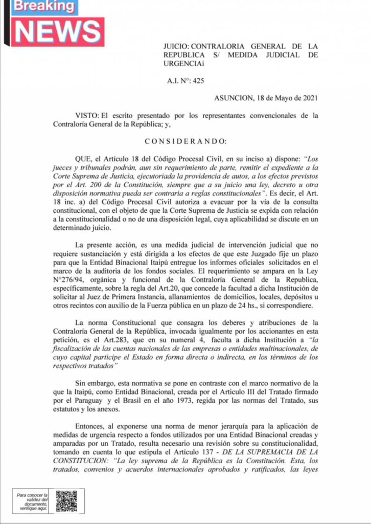 Pedido de informes a Itaipú: juez se "lava las manos" y deja el caso en manos de la Corte Pedido de informes a Itaipú: juez se "lava las manos" y deja el caso en manos de la Corte