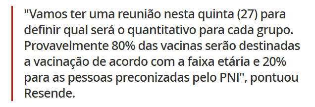 Nesta sexta: Municípios de MS podem vacinar contra Covid de acordo com a faixa etária, afirma secretário Nesta sexta: Municípios de MS podem vacinar contra Covid de acordo com a faixa etária, afirma secretário