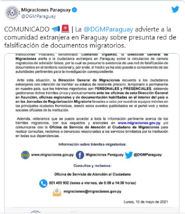 Migraciones advierte sobre presunta red de falsificación de documentos Migraciones advierte sobre presunta red de falsificación de documentos