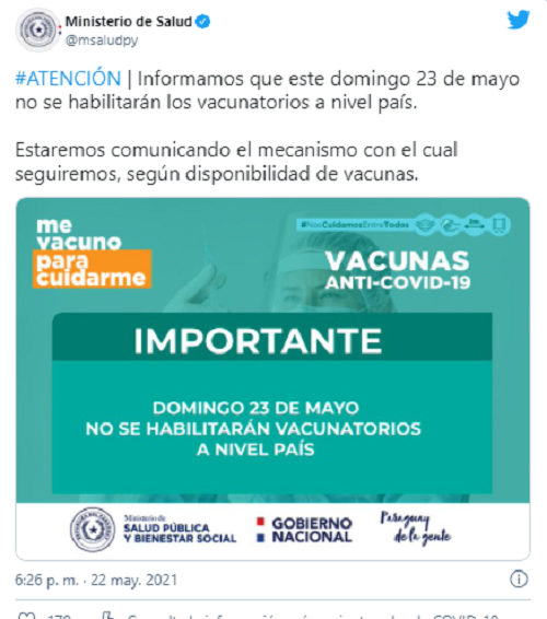 Este domingo no habilitarán vacunatorios a nivel país Este domingo no habilitarán vacunatorios a nivel país