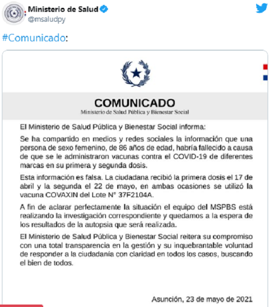 Salud aclara sobre la muerte de octogenaria por supuesta vacunación irregular