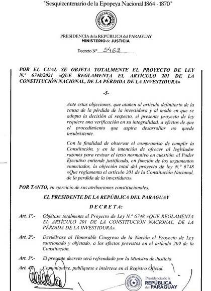 Abdo Benítez veta ley de autoblindaje por colisionar con la Constitución