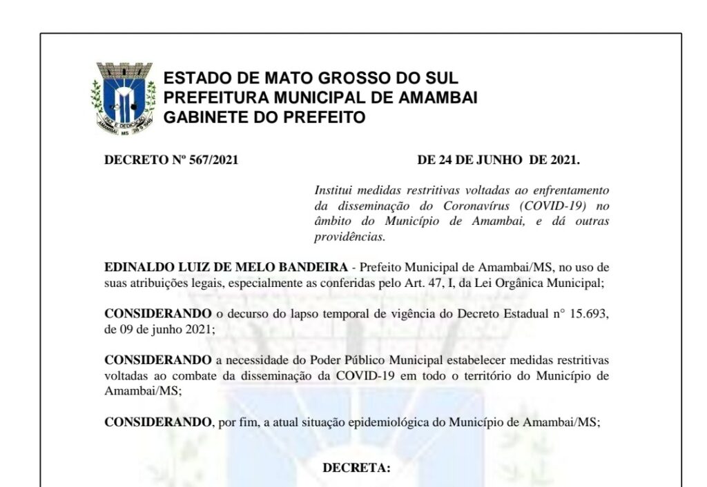 Em Amambai, prefeitura divulga novo Decreto para enfrentamento à COVID-19 Em Amambai, prefeitura divulga novo Decreto para enfrentamento à COVID-19