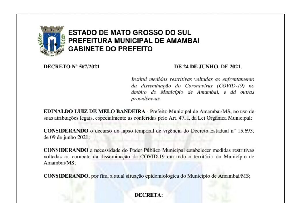 Em Amambai, prefeitura divulga novo Decreto para enfrentamento à COVID-19