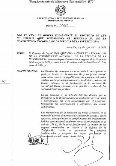 Abdo Benítez veta ley de autoblindaje por colisionar con la Constitución Abdo Benítez veta ley de autoblindaje por colisionar con la Constitución
