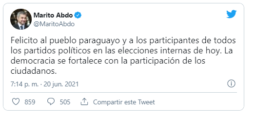 Mario Abdo Benítez destaca participación ciudadana en las elecciones Mario Abdo Benítez destaca participación ciudadana en las elecciones