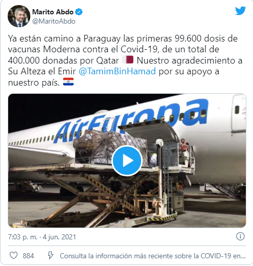 Mario Abdo anuncia que las vacunas donadas por Qatar están camino a Paraguay