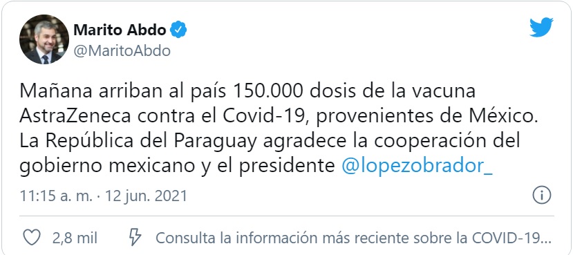 Abdo agradece a México la donación de vacunas contra el COVID-19