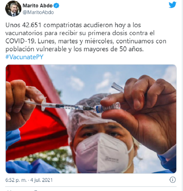 Mario Abdo informa que 42.651 personas acudieron hoy a los vacunatorios