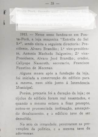 Artigo: Memória Histórica Política Da Fronteira: 1915 – Levantam-Se Colunas Da Loja Maçônica “Estrela Do Sul 5ͣ” No Decorrer Da Emancipação De Ponta Porã