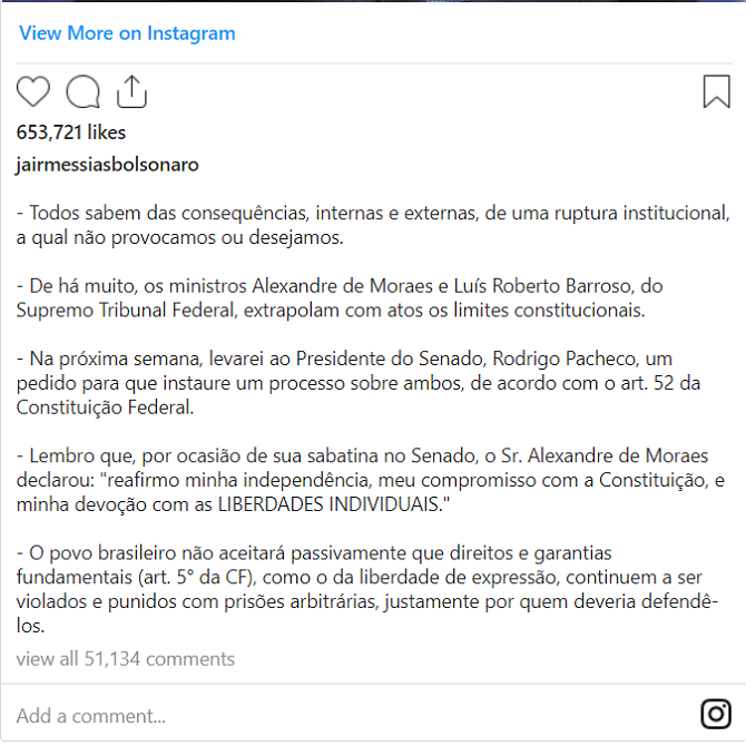 Bolsonaro diz que pedirá ao Senado processo contra Moraes e Barroso Bolsonaro diz que pedirá ao Senado processo contra Moraes e Barroso