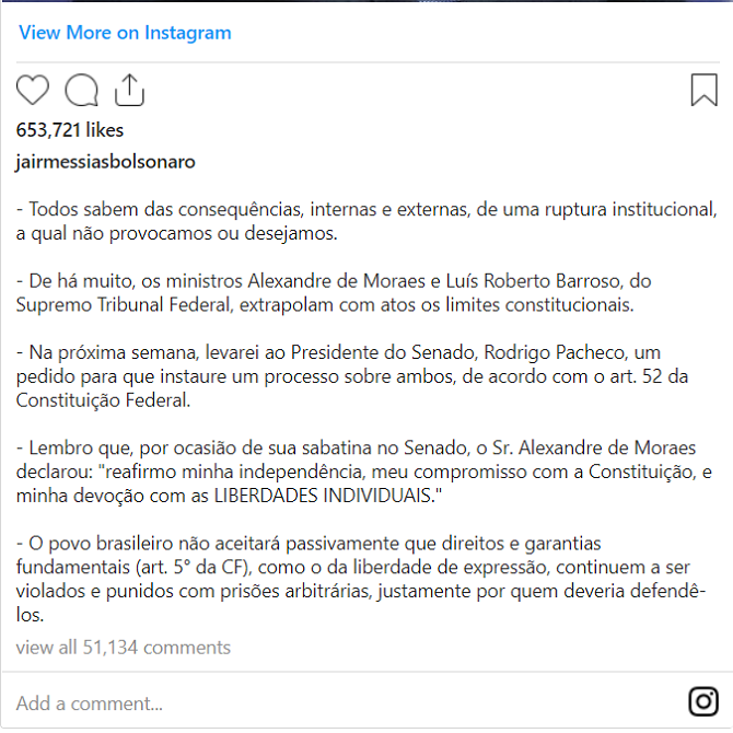 Bolsonaro diz que pedirá ao Senado processo contra Moraes e Barroso