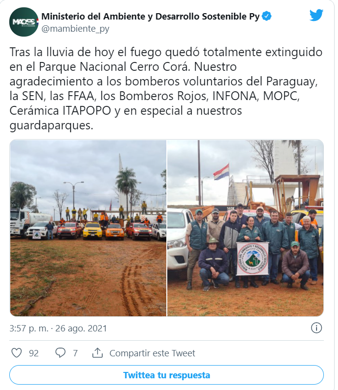 Tras arduo trabajo controlan llamas en el Parque Nacional Cerro Corá