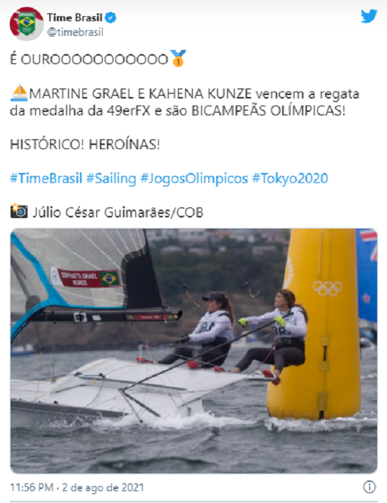 Martine Grael e Kahena Kunze são bicampeãs olímpicas na classe 49er FX