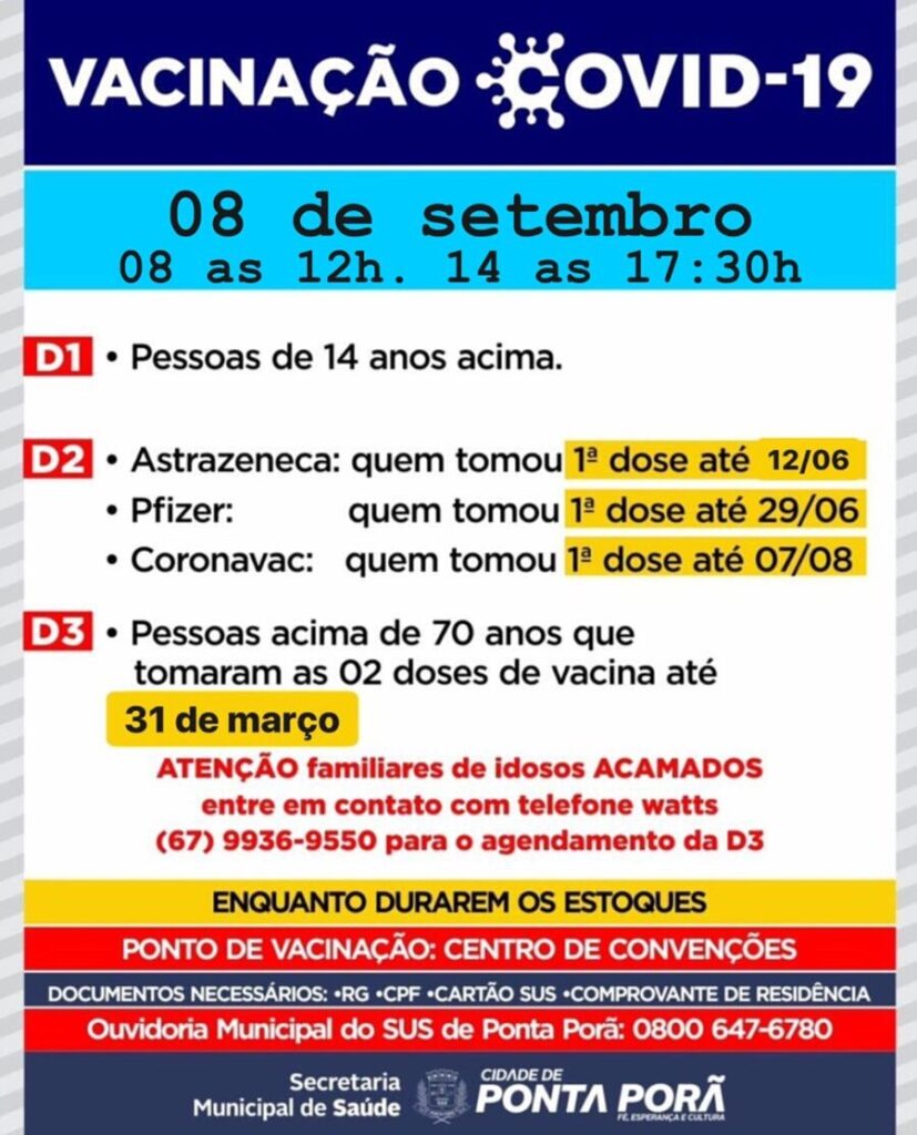 Em Ponta Porã, vacinação contra a Covid continua para maiores de 14 anos