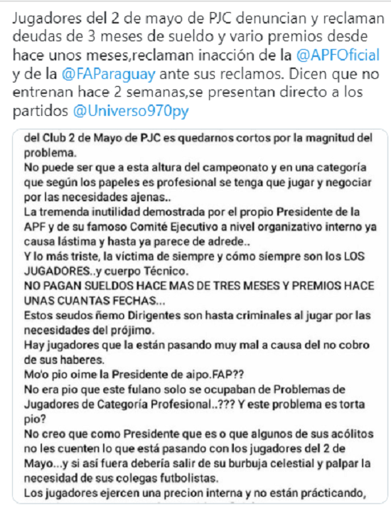 A los jugadores del 2 de Mayo les deben salarios, premios y juegan sin entrenar