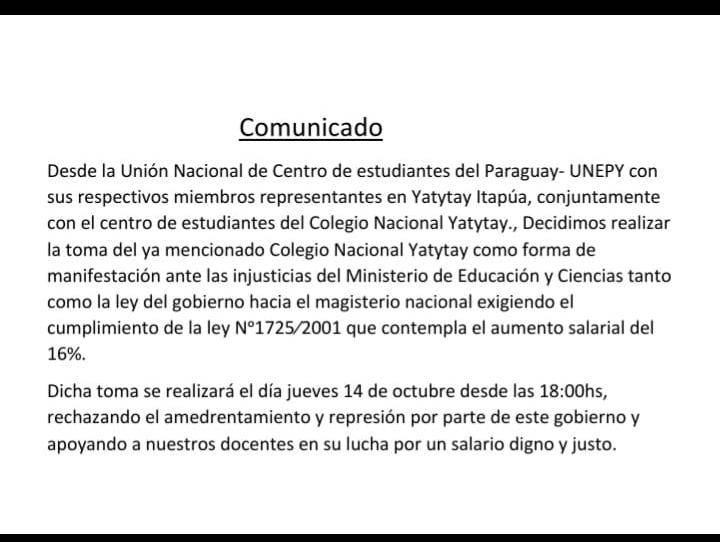 Estudiantes del interior “toman” colegios en apoyo al 16% de aumento salarial para docentes Estudiantes del interior “toman” colegios en apoyo al 16% de aumento salarial para docentes