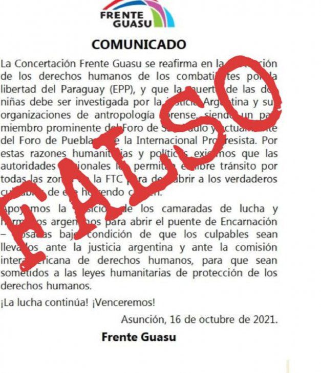 Frente Guasu desmiente supuesto panfleto en apoyo al EPP Frente Guasu desmiente supuesto panfleto en apoyo al EPP