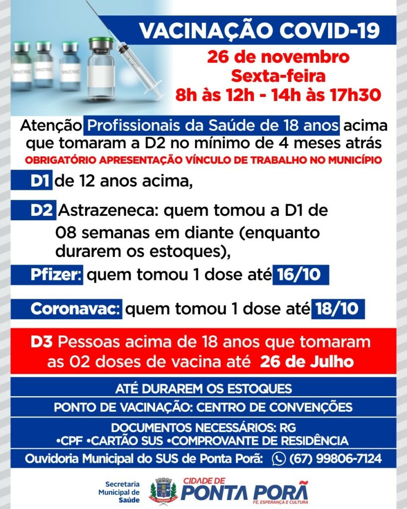 Veja o cronograma vacinal da Covid nas principais cidades de Mato Grosso do Sul