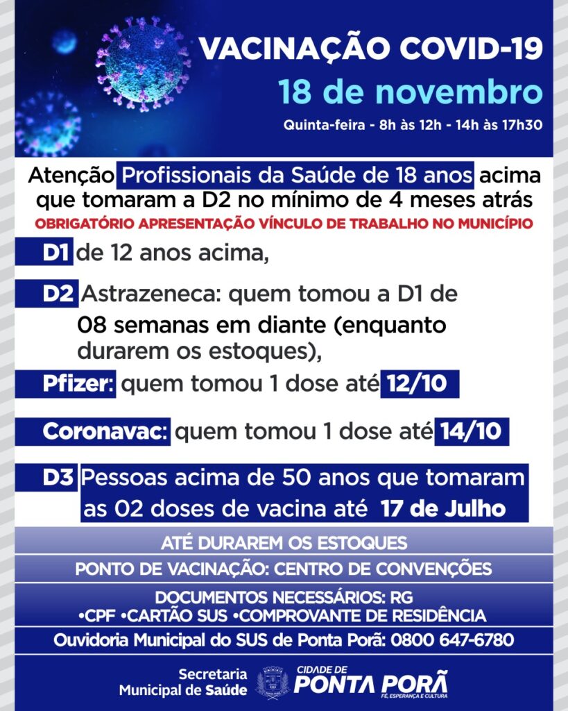 Pessoa acima de 50 anos já pode receber dose de reforço contra Covid em Ponta Porã