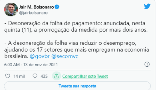 Bolsonaro confirma desoneração da folha por mais dois anos