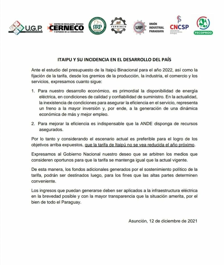 Gremios sientan postura y piden que la tarifa de Itaipú no sea reducida en el 2022 Gremios sientan postura y piden que la tarifa de Itaipú no sea reducida en el 2022