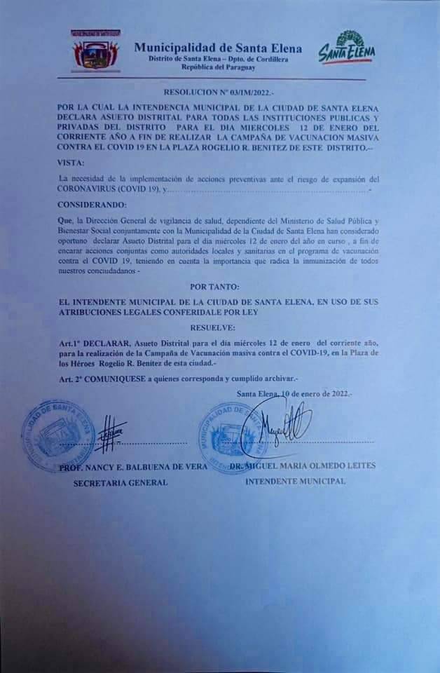 Santa Elena declara asueto distrital para este miércoles y realizará jornada de vacunación Santa Elena declara asueto distrital para este miércoles y realizará jornada de vacunación