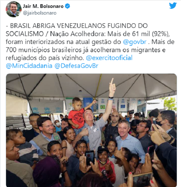 'Brasil abriga venezuelanos fugindo do socialismo', diz Bolsonaro