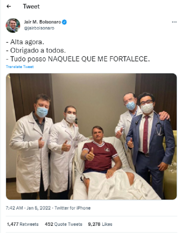 Bolsonaro anuncia que recebeu alta após dois dias internado Bolsonaro anuncia que recebeu alta após dois dias internado