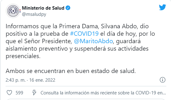Primera Dama dio positivo al COVID-19: Mario Abdo deberá cumplir aislamiento Primera Dama dio positivo al COVID-19: Mario Abdo deberá cumplir aislamiento
