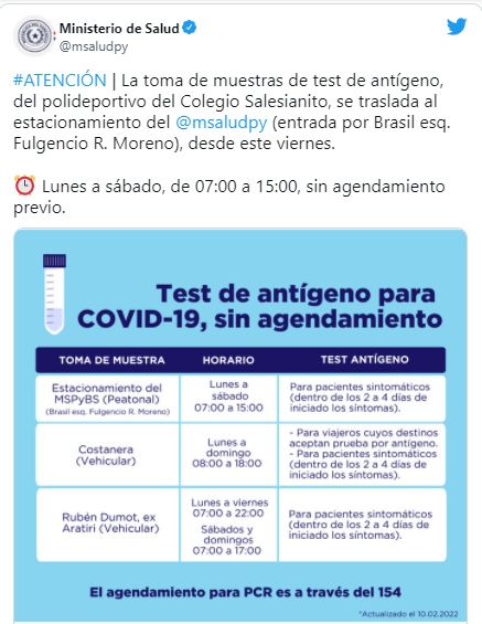 Test rápido de COVID-19: puesto del Salesianito se traslada al Ministerio de Salud desde hoy Test rápido de COVID-19: puesto del Salesianito se traslada al Ministerio de Salud desde hoy