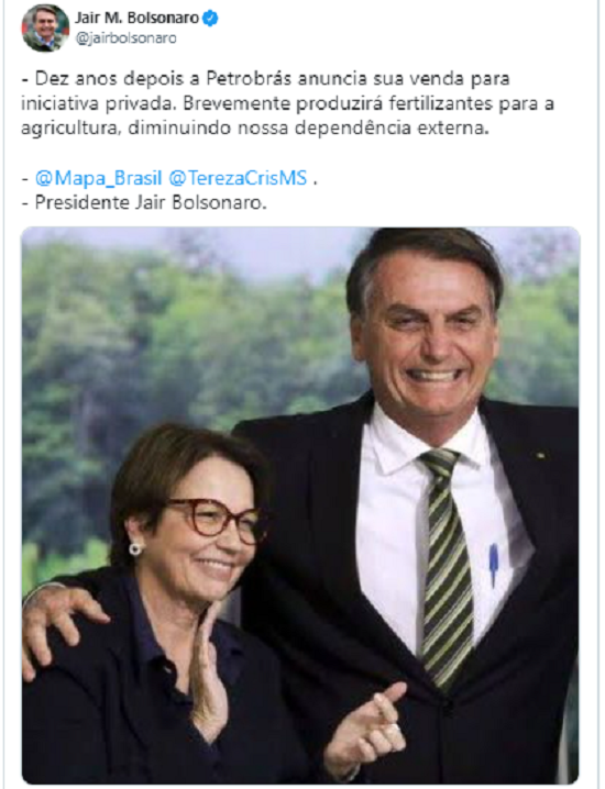 Bolsonaro comemora venda da fábrica de fertilizantes da Petrobras