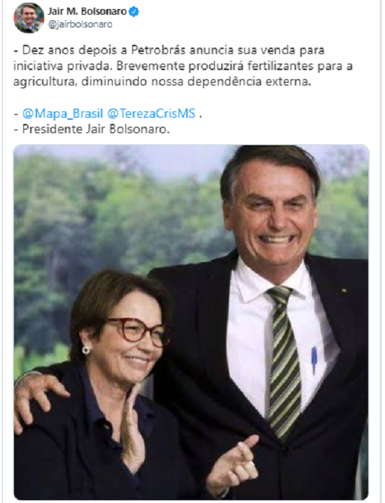 Bolsonaro comemora venda da fábrica de fertilizantes da Petrobras Bolsonaro comemora venda da fábrica de fertilizantes da Petrobras