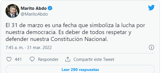 Mario Abdo recuerda el 31M y pide defender la Constitución Mario Abdo recuerda el 31M y pide defender la Constitución