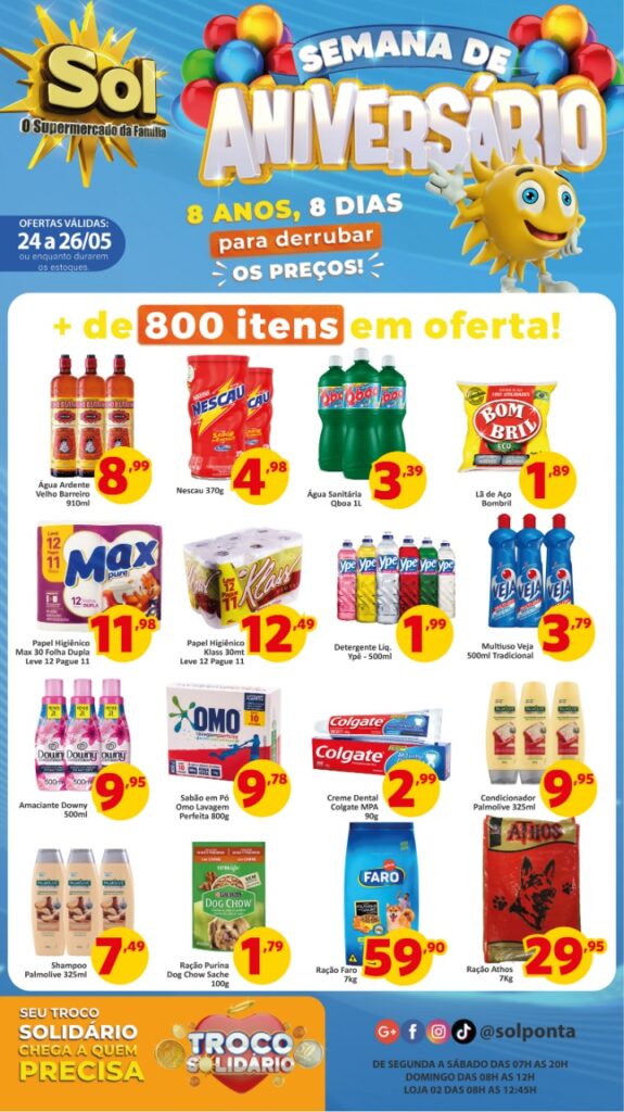 Confira as ofertas da semana de aniversário do Supermercado Sol