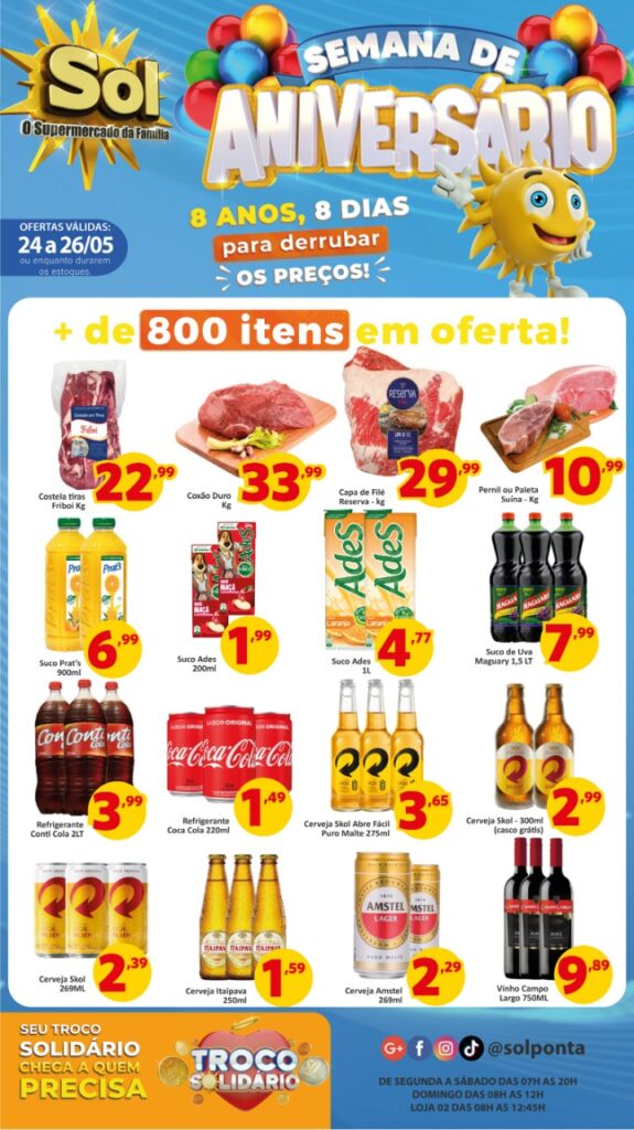 Confira as ofertas da semana de aniversário do Supermercado Sol