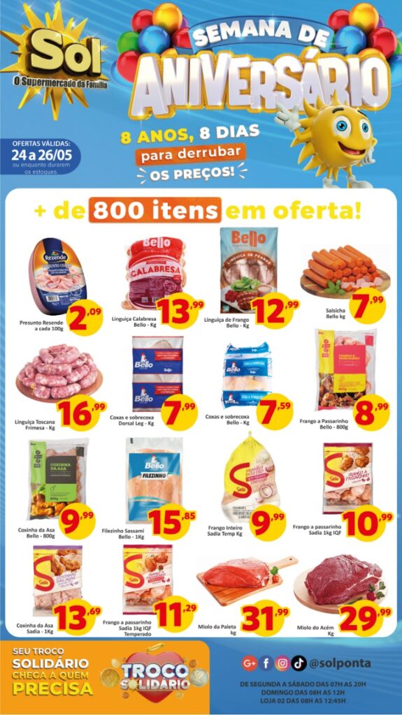 Confira as ofertas da semana de aniversário do Supermercado Sol