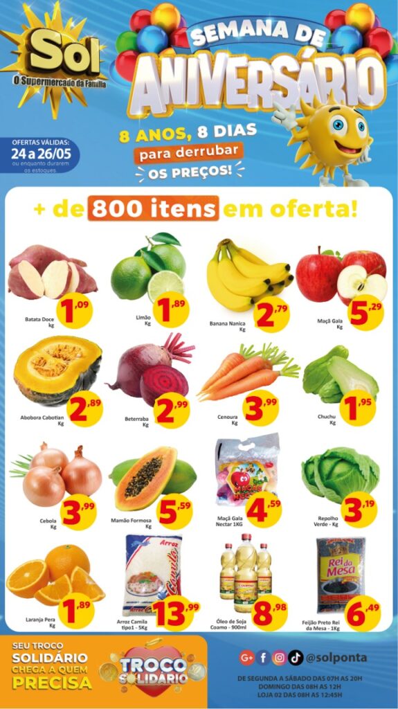 Confira as ofertas da semana de aniversário do Supermercado Sol