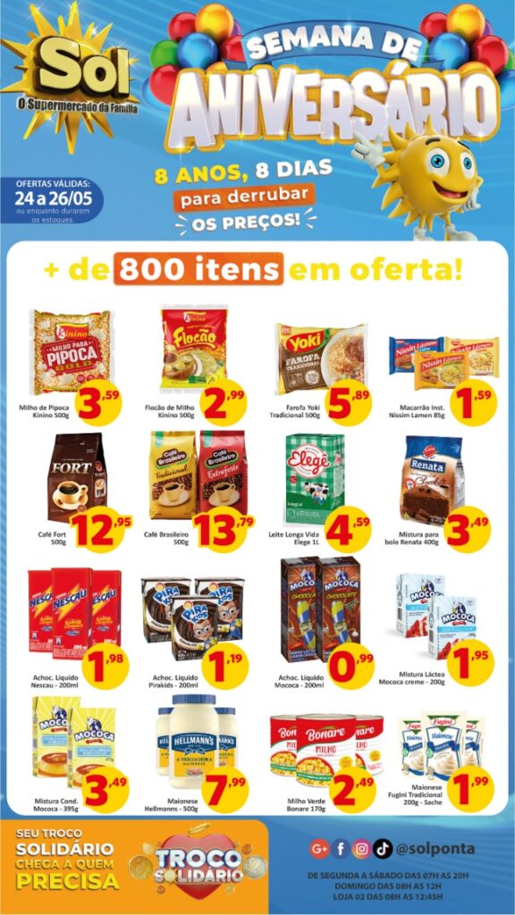 Confira as ofertas da semana de aniversário do Supermercado Sol