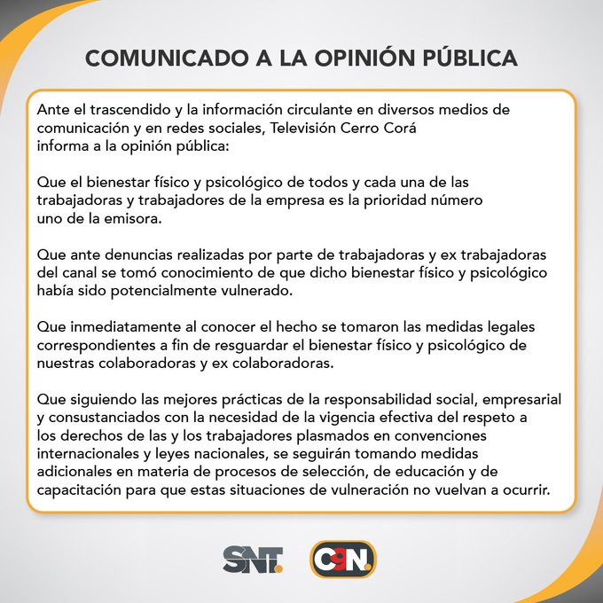 Canal 9 emitió un comunicado respecto a una denuncia por acoso sexual Canal 9 emitió un comunicado respecto a una denuncia por acoso sexual